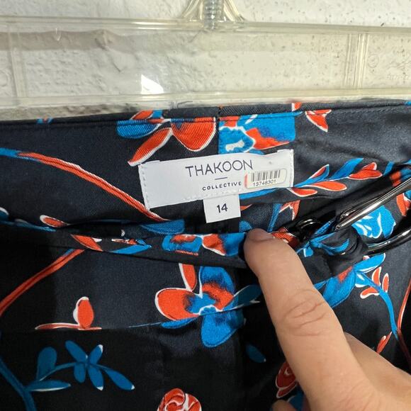 THAKOON COLLECTIVE Black Daisy Floral High Waisted Belted Pants Pockets Size 14 - Picture 3 of 8